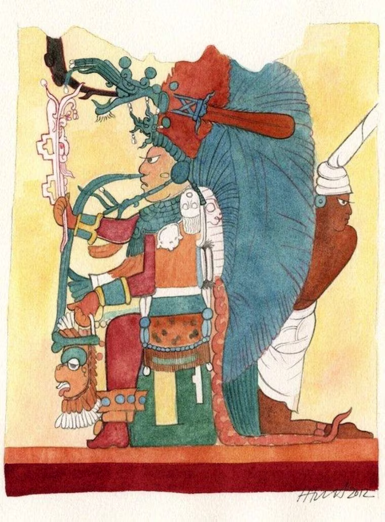 A Maya king, seated and wearing an elaborate head dress of blue feathers, adorns the north wall of the ruined house discovered at the Maya site of Xultún. An attendant, at right, leans out from behind the king's head dress. The painting by artist Heather Hurst re-creates the design and colors of the original Maya artwork at the site.