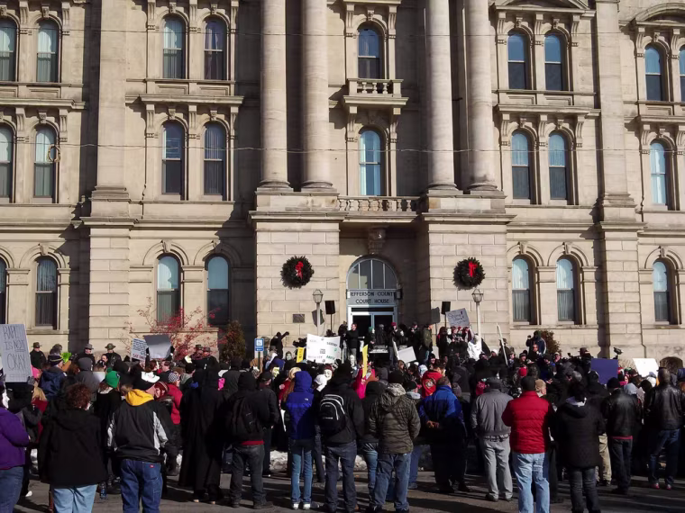 Protesters gathered in front of the of the Jefferson County Courthouse in Steubenville, Ohio, in January to demand action in the rape case.