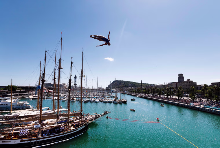 Cesilie Carlton from the United States performs during the Women's 20m high dive final at the FINA Swimming World Championships in Barcelona, Spain, on July 30. Carlton won the inaugural gold medal for the event.