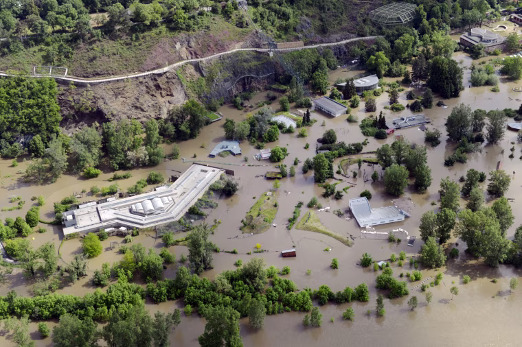 The Prague Zoo flooded by the swollen river Vltava photographed in this Tuesday June 4 aerial view. Heavy rainfalls caused flooding in in Germany, Austria, Switzerland and the Czech Republic.
