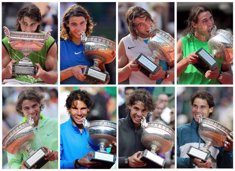 A combination of pictures shows Spain's Rafael Nadal biting the Muskeeters trophy after each of his eight victories in the men's French Open.