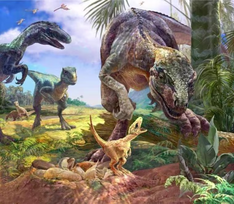 Researchers discovered the nest and embryo fragments from a primitive theropod Torvosaurus. Here, an artist's interpretation of the theropod overlooking its nest.