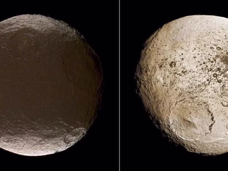 These two global images of Iapetus show the extreme brightness dichotomy on the surface of this peculiar Saturnian moon. The left-hand panel shows the moon's leading hemisphere and the right-hand panel shows the moon's trailing side.