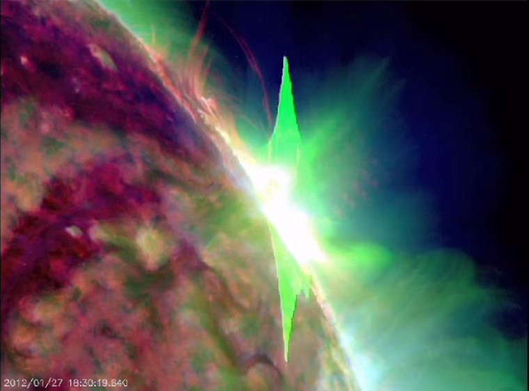 NASA's Solar Dynamics Observatory captures a picture of sunspot 1402 unleashing an X2-class solar flare on Friday, seen in ultraviolet wavelengths.
