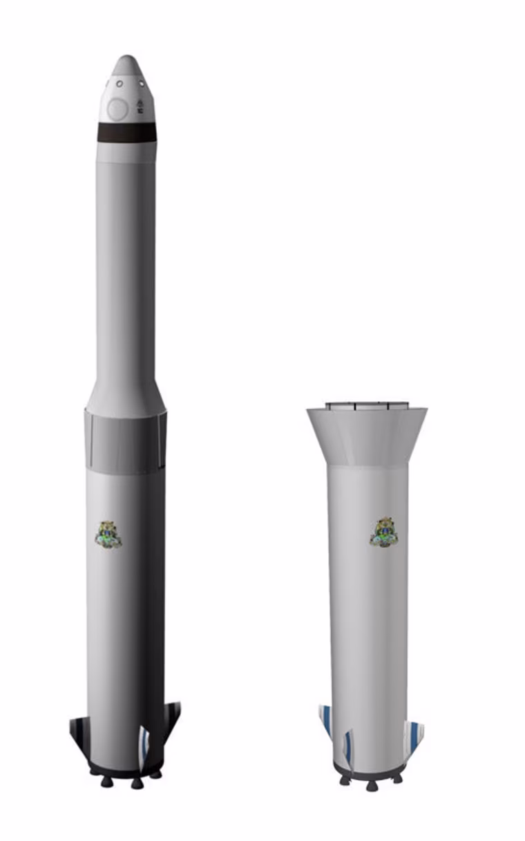 This diagram shows the design for Blue Origin's booster system, with an orbital space capsule sitting on top of the stack at left.