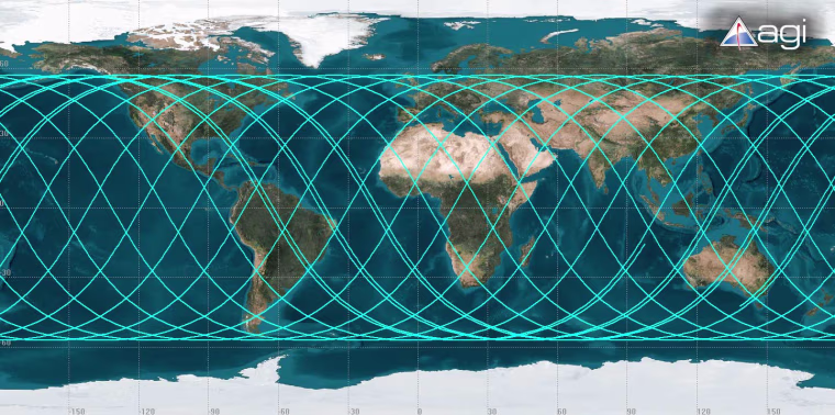 A map from Analytical Graphics Inc. shows the ground track for NASA's UARS satellite for the 28 hours from 2 a.m. ET Friday to 6 a.m. ET Saturday — which reflects The Aerospace Corp.'s estimate for the time of re-entry. During that time frame, the satellite will follow the narrow blue tracks shown on the map, but will not fly above the areas shown between the tracks.