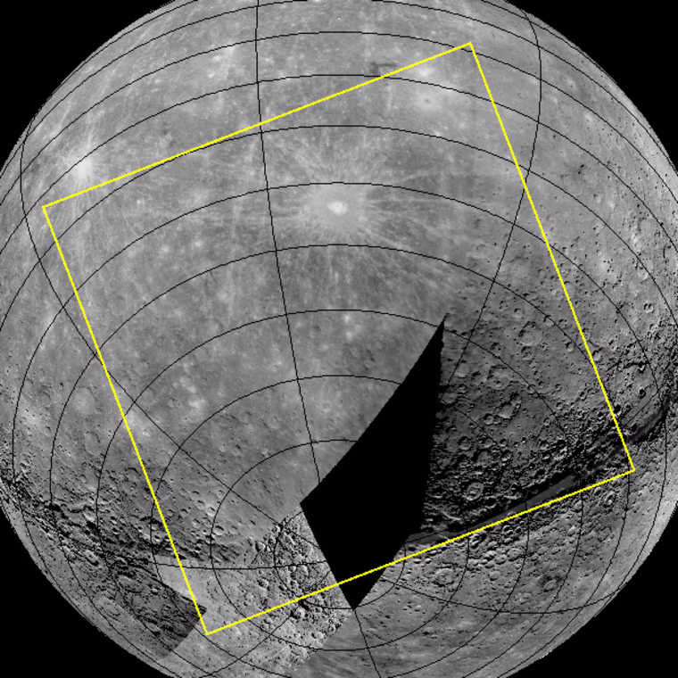 The yellow square on this mosaic image shows the planned footprint for the first image to be acquired by a spacecraft orbiting Mercury. The dark area represents a region of the planet that has not previously been seen by spacecraft.