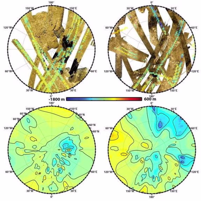 These polar maps show the first global, topographic mapping of Saturn's moon Titan, using data from NASA's Cassini mission. To create these maps, scientists used a mathematical process called splining, which uses smooth curved surfaces to