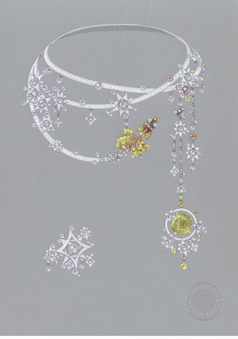 Tampa necklace by Van Cleef & Arpels, French; Made of white and yellow gold with round-, baguette- and rose-cut diamond, round pink, purple and yellow sapphire, rose-cut blue sapphire, onyx, round orange garnet, round red spinel and round beryl.