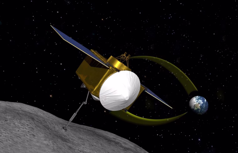 An artist's conception shows the Osiris-Rex spacecraft's path to and from the asteroid Bennu. The spacecraft's aim is to bring up to 4.4 pounds (2 kilograms) of material from the asteroid back to Earth.
