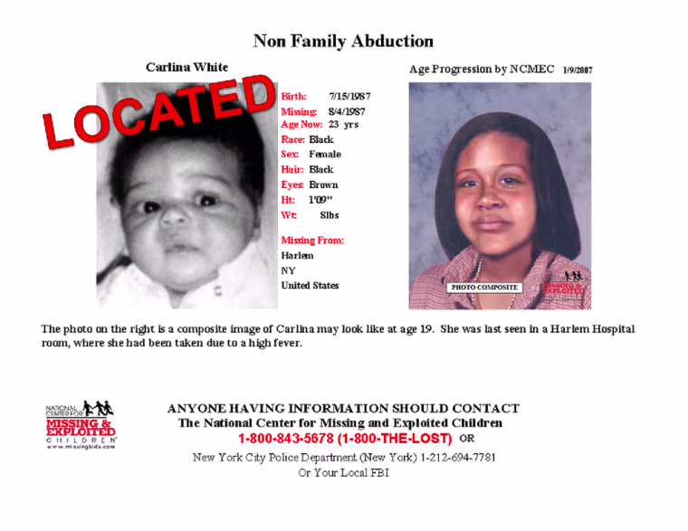Carlina White in a missing poster, showing her as an infant and imagining what she might look like as an adult.