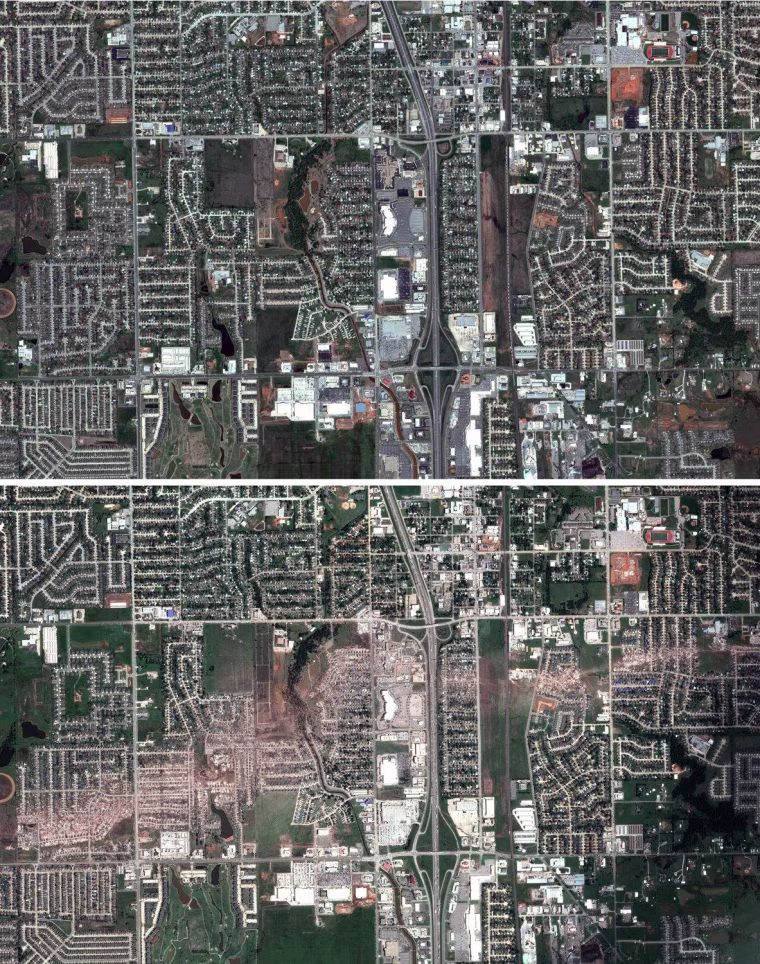 Two satellite views show Moore, Okla., before (top) and after the passage of a powerful tornadoon May 20.