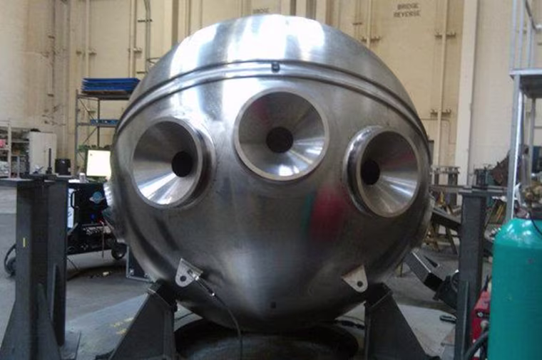 The refurbished submersible Alvin features five viewing ports (three visible here) for up to three passengers.