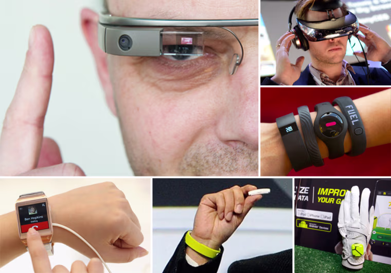 Clockwise from top left: Google Glass, Sony Head Mounted Display, various fitness trackers, Zepp sensor, Sony Smartband and Core and Samsung Galaxy Ge...
