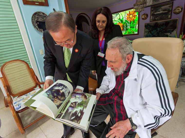 U.N. Secretary-General Ban Ki-Moon visits with former Cuban leader Fidel Castro in Havana on Tuesday.