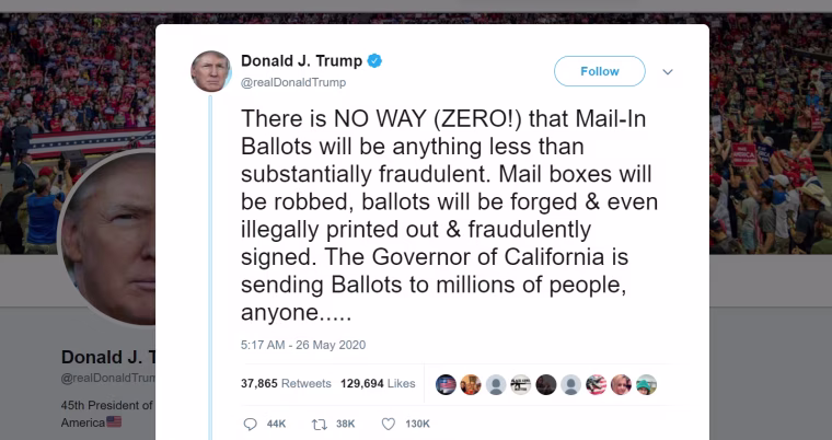Captura de pantalla de una acusación falsa que hizo Trump sobre un posible fraude en las elecciones presidenciales. 