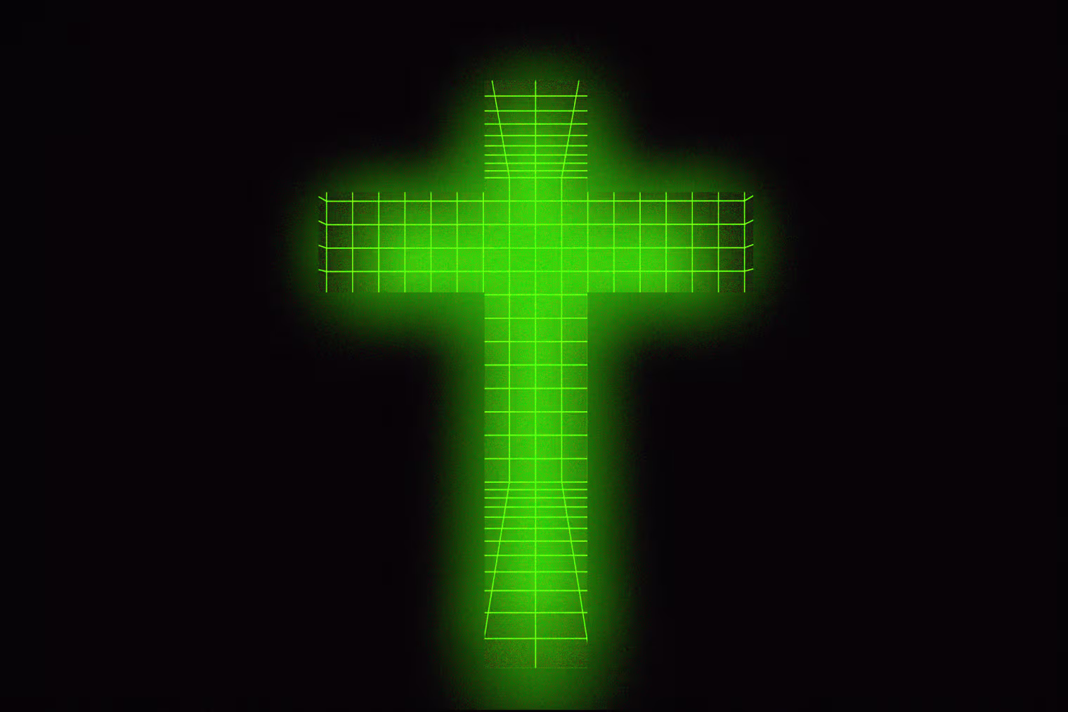 A cross made of a 3D grid, glowing green.