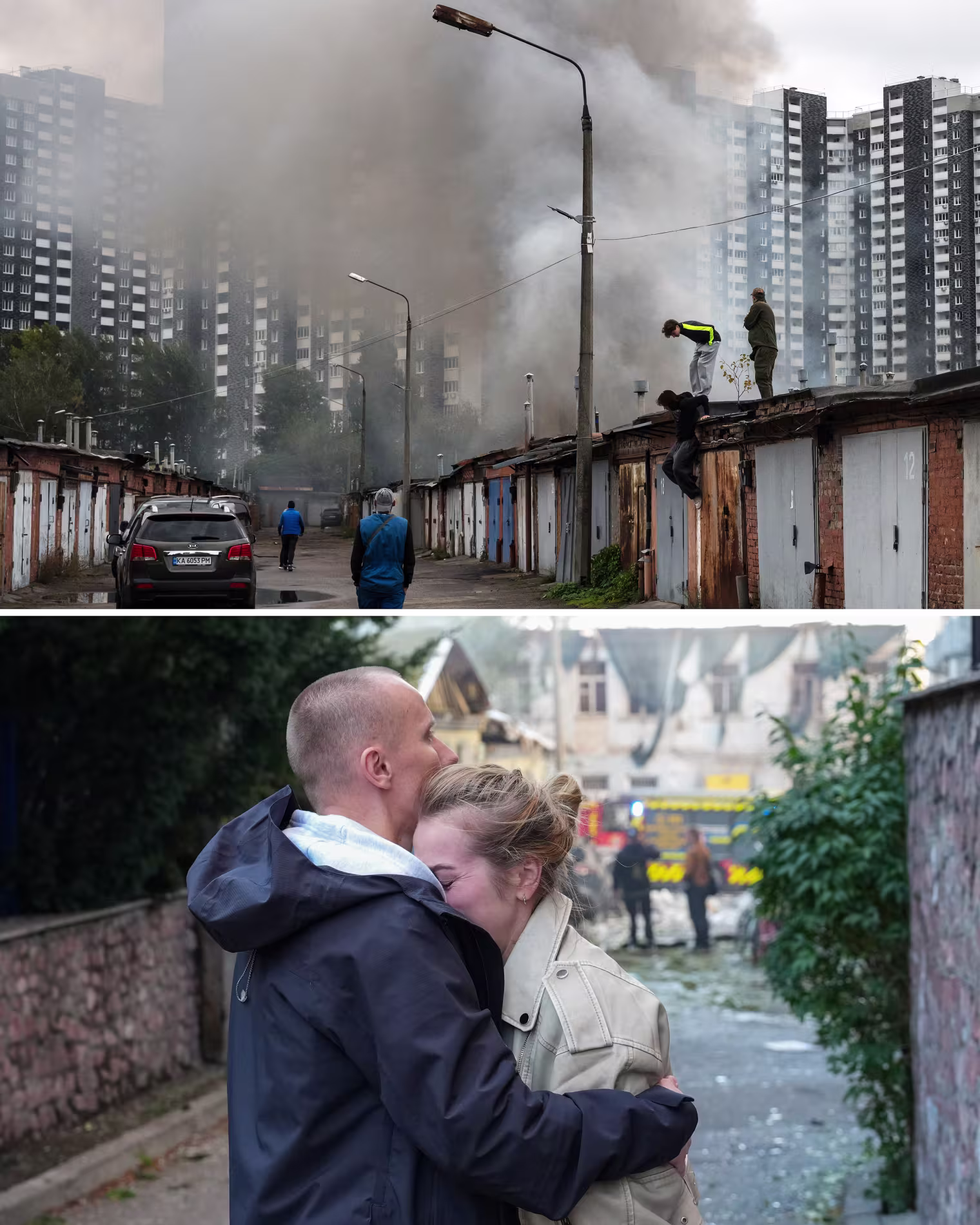 Smoke rising in Kyiv following a Russian air attack on Thursday, above, and Ukrainians reacting to a separate Russian strike in Kyiv on Friday.