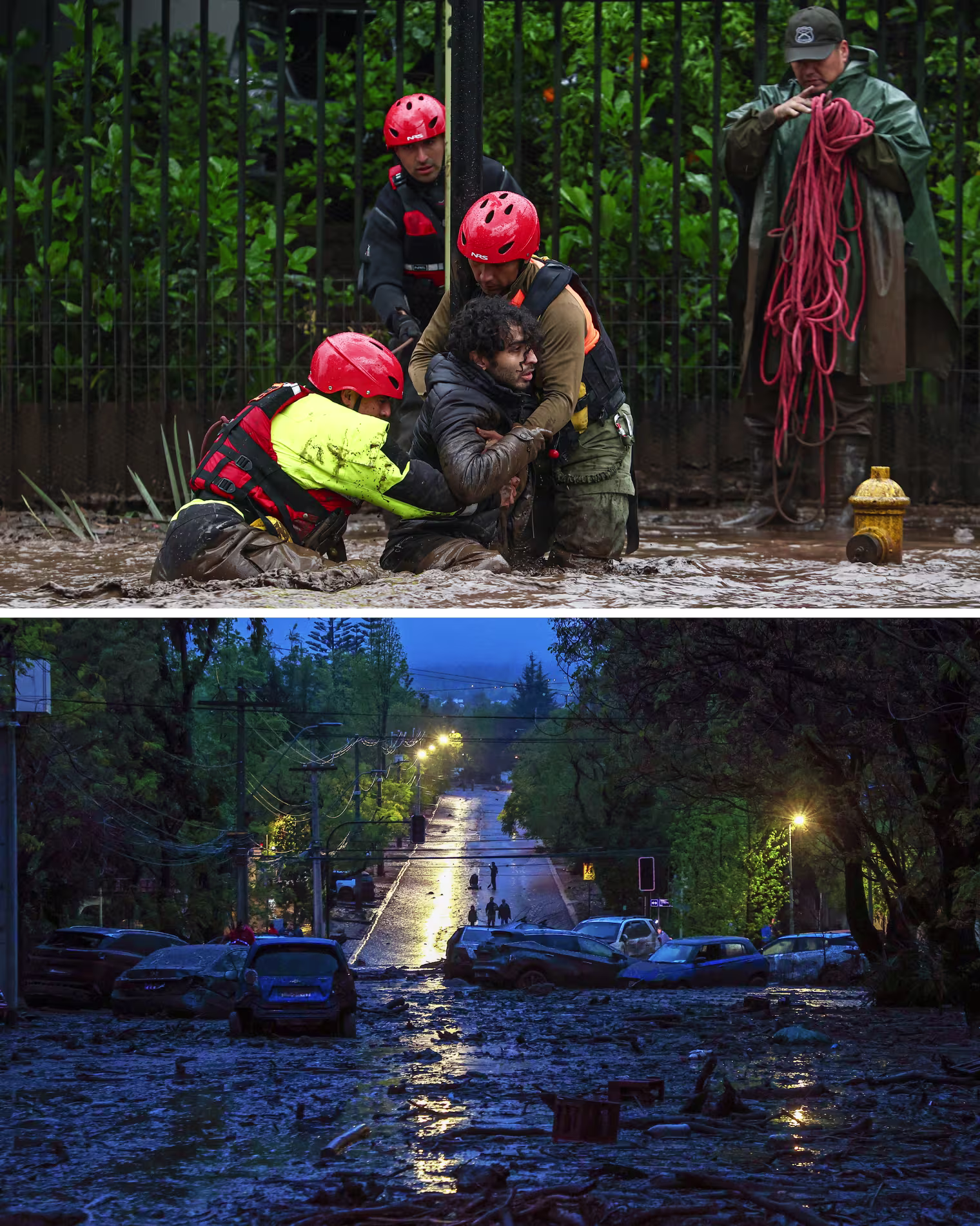 Rescue teams help a resident in San Carlos de Apoquindo, in the east of Santiago, above, and a flooded street of Las Condes, below, both Thursday.