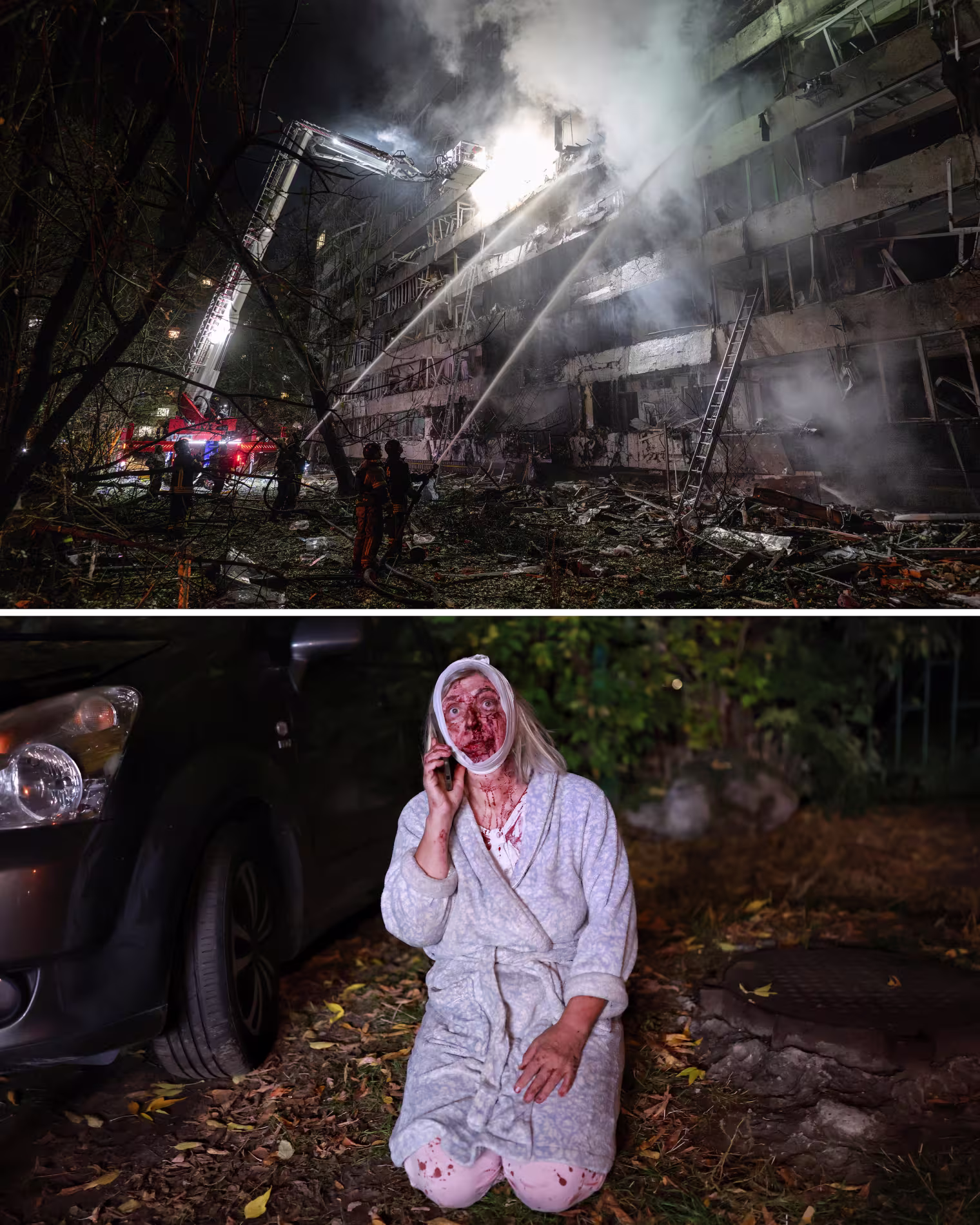 Image: Composite design of two images, the above shows Ukrainian firefighters extinguishing an apartment building, the below shows a female resident with blood on her face, kneeling down whilst she is on the phone.