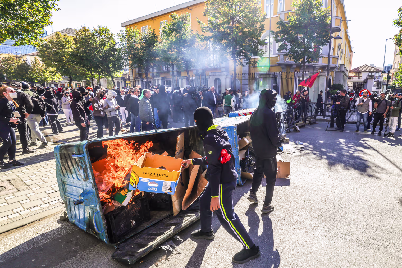 Students put up a barricade in front of Education Ministry.