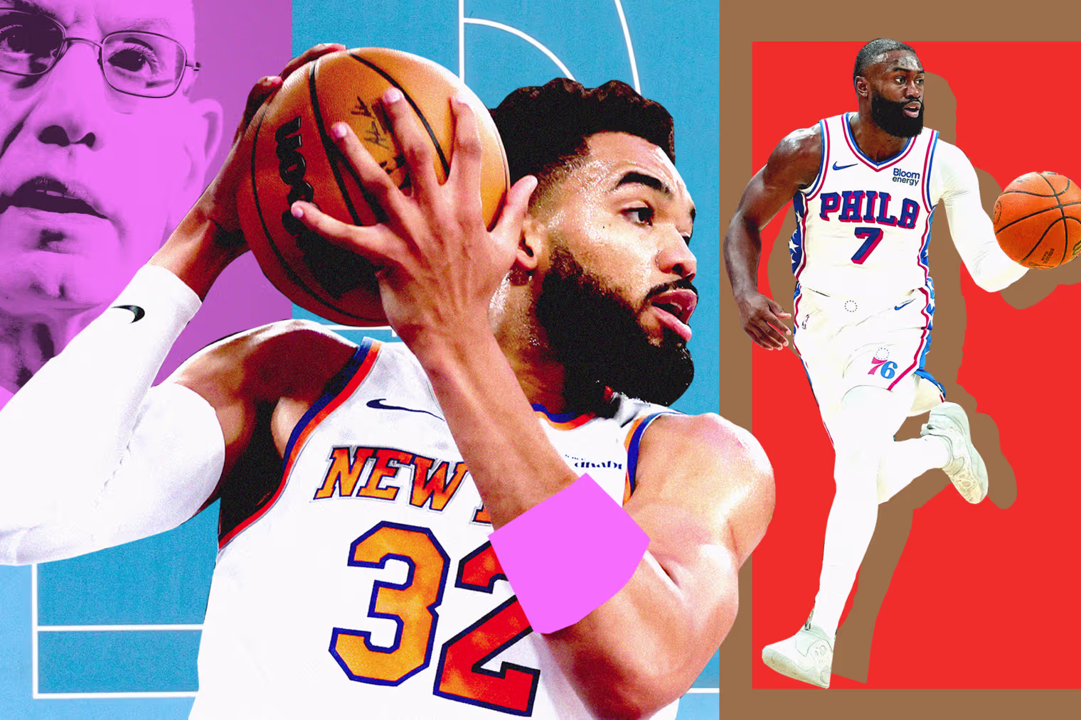 Photo illustration of Adam Silver, Karl-Anthony Towns, and Jaylen Brown 