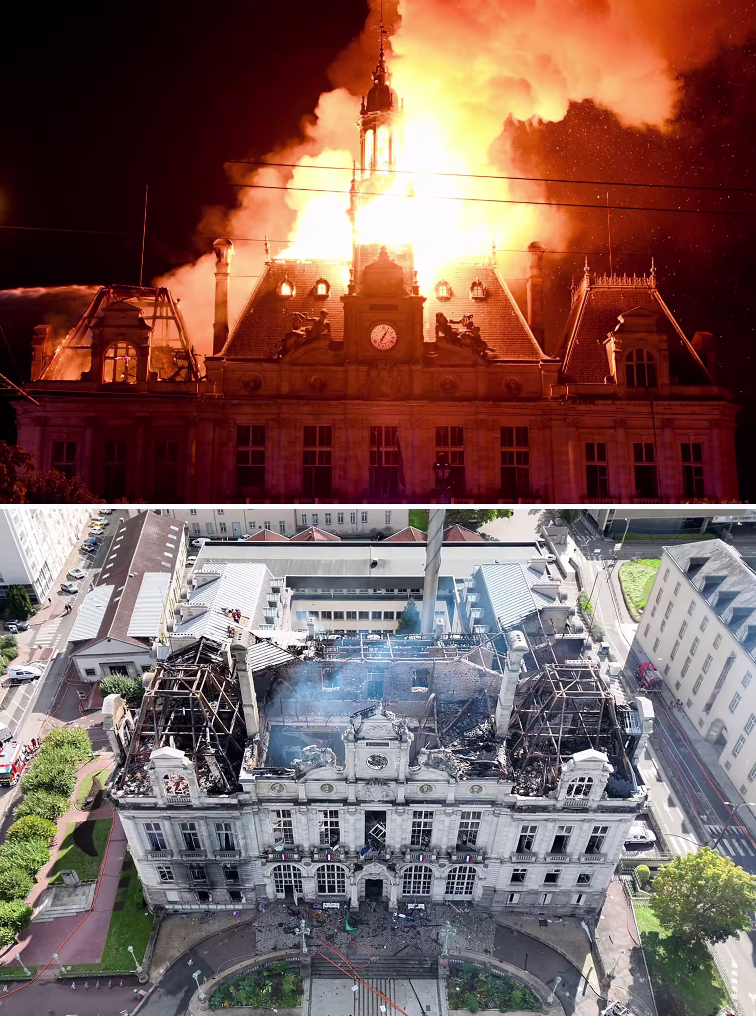 The Limoges town hall on fire overnight Saturday and in ruins on Sunday morning.