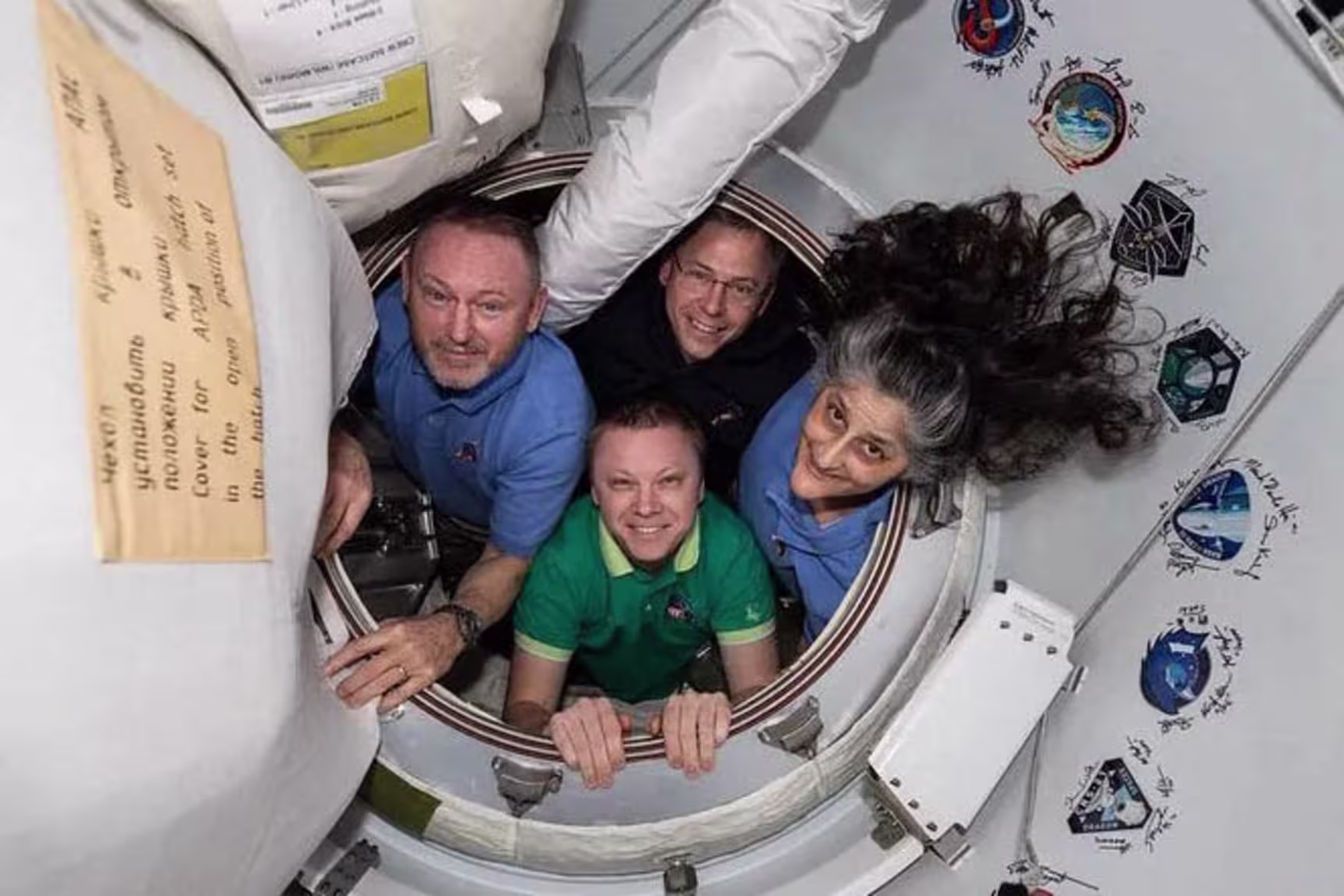 The four crew members of the Crew-9 mission: NASA astronauts Nick Hague, Suni Williams and Butch Wilmore and Roscosmos cosmonaut Aleksandr Gorbunov aboard the International Space Station on Feb. 26
