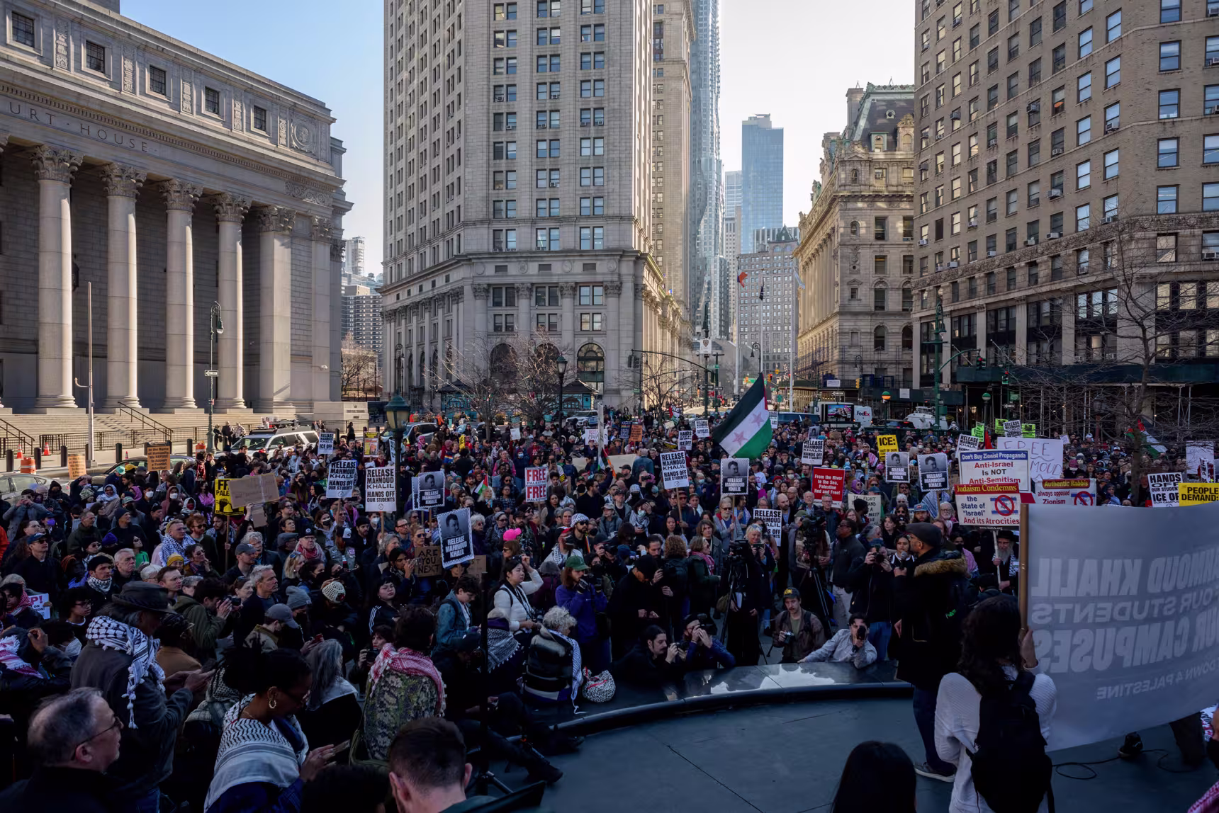 Thousands gathered in New York City's Foley Square Monday, to protest the detention of Mahmoud Khalil.