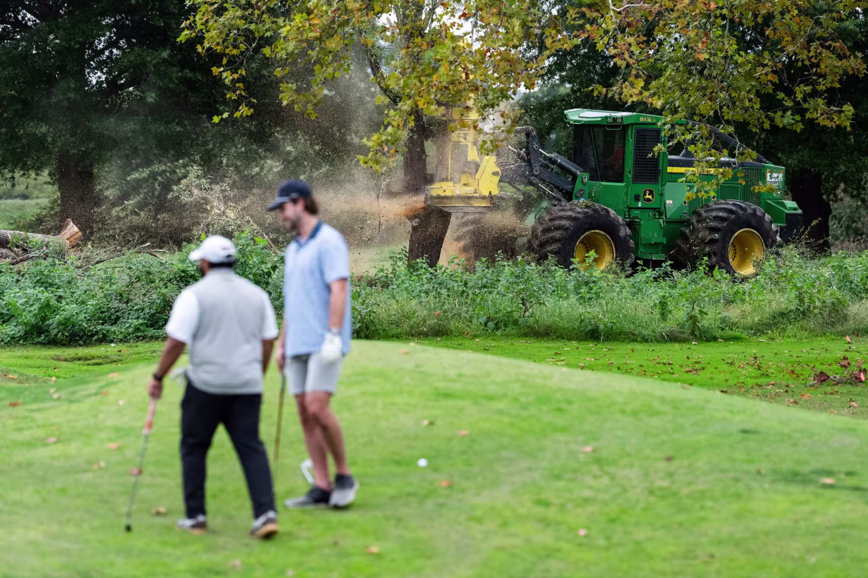 Two golfers stand on the grass as a tree is cut down by a tractor behind them