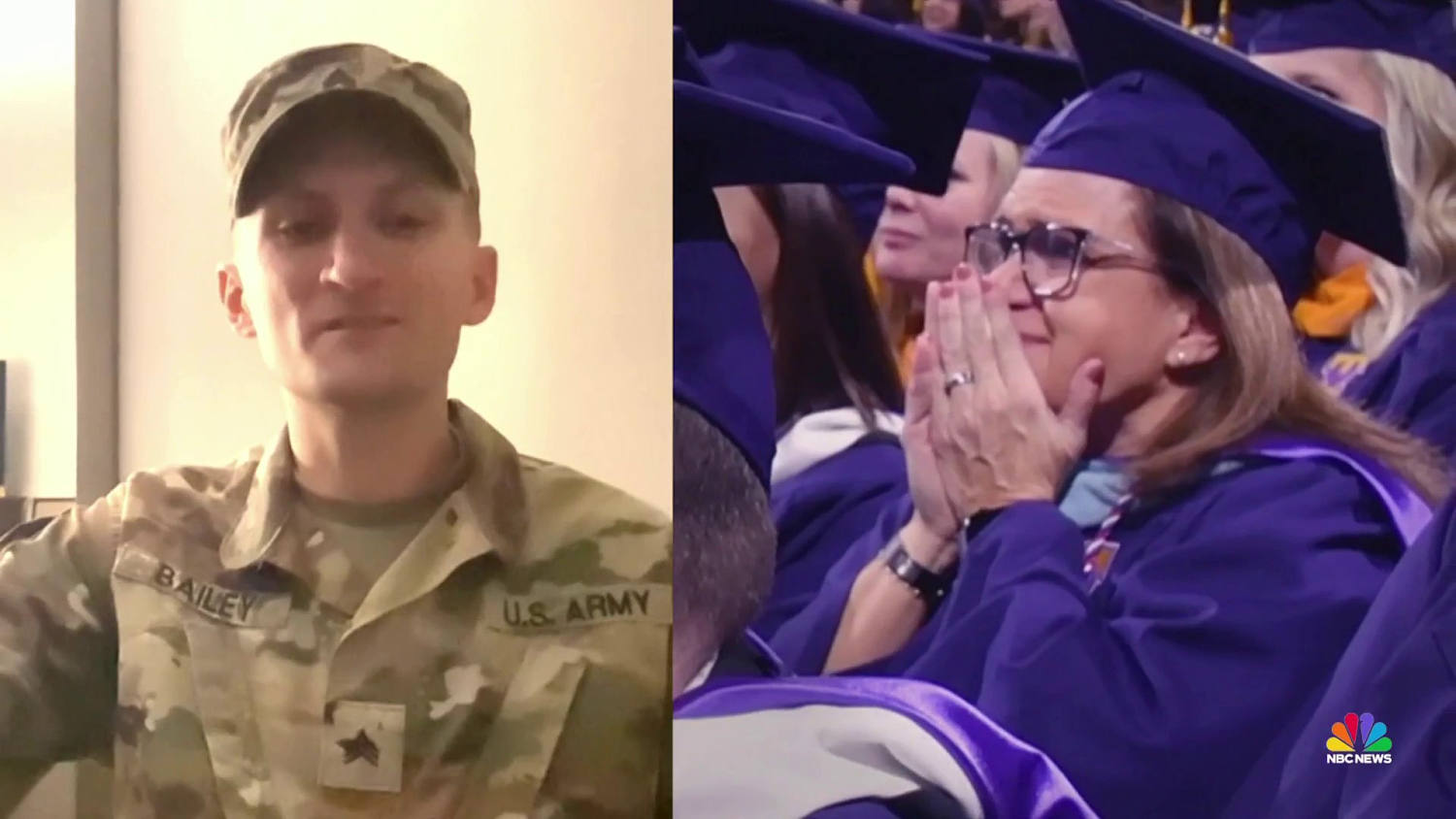 National Guard soldier surprised at graduation by special message from deployed son