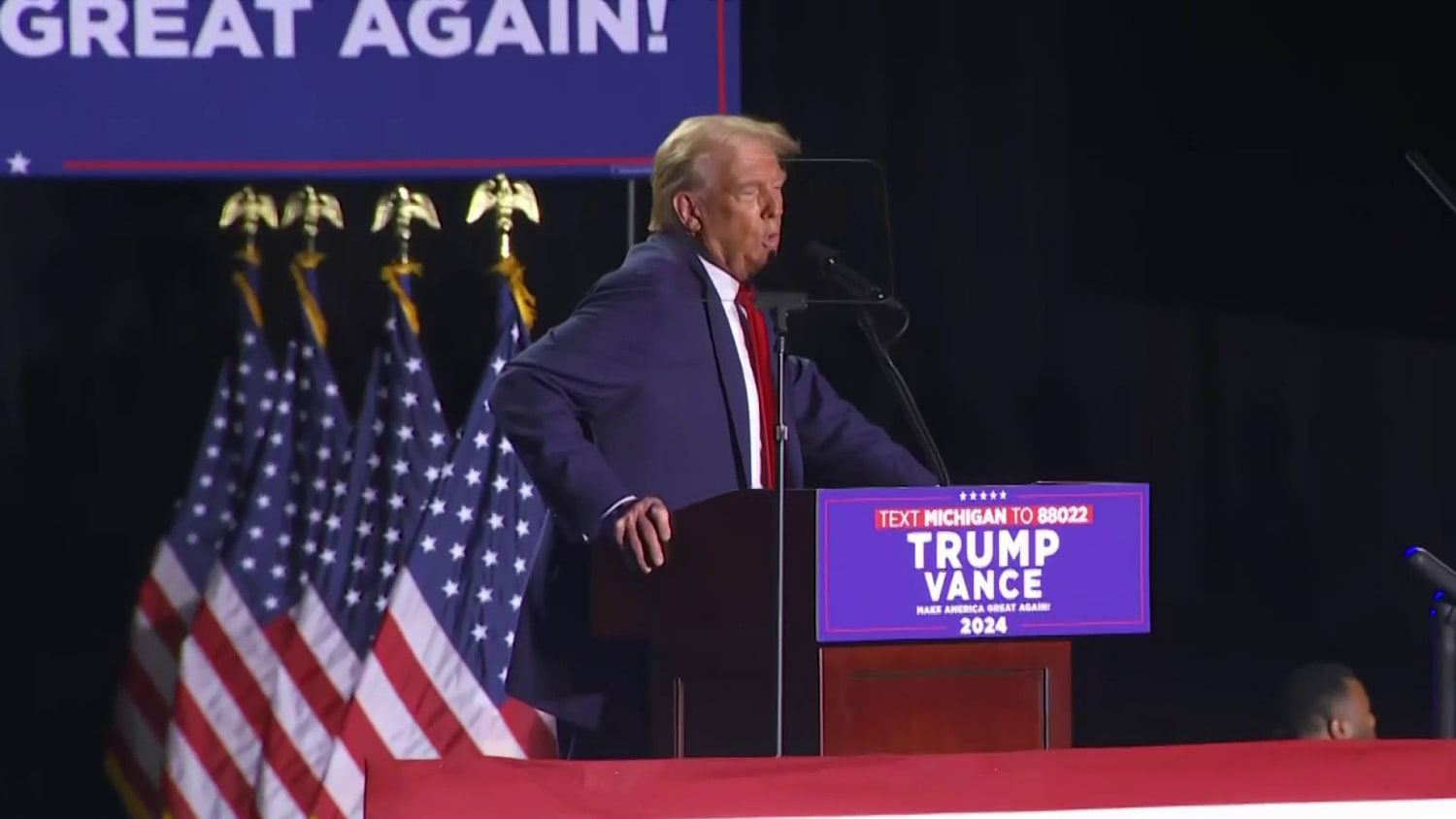 Trump campaigns in Pennsylvania after audio issues at Detroit rally