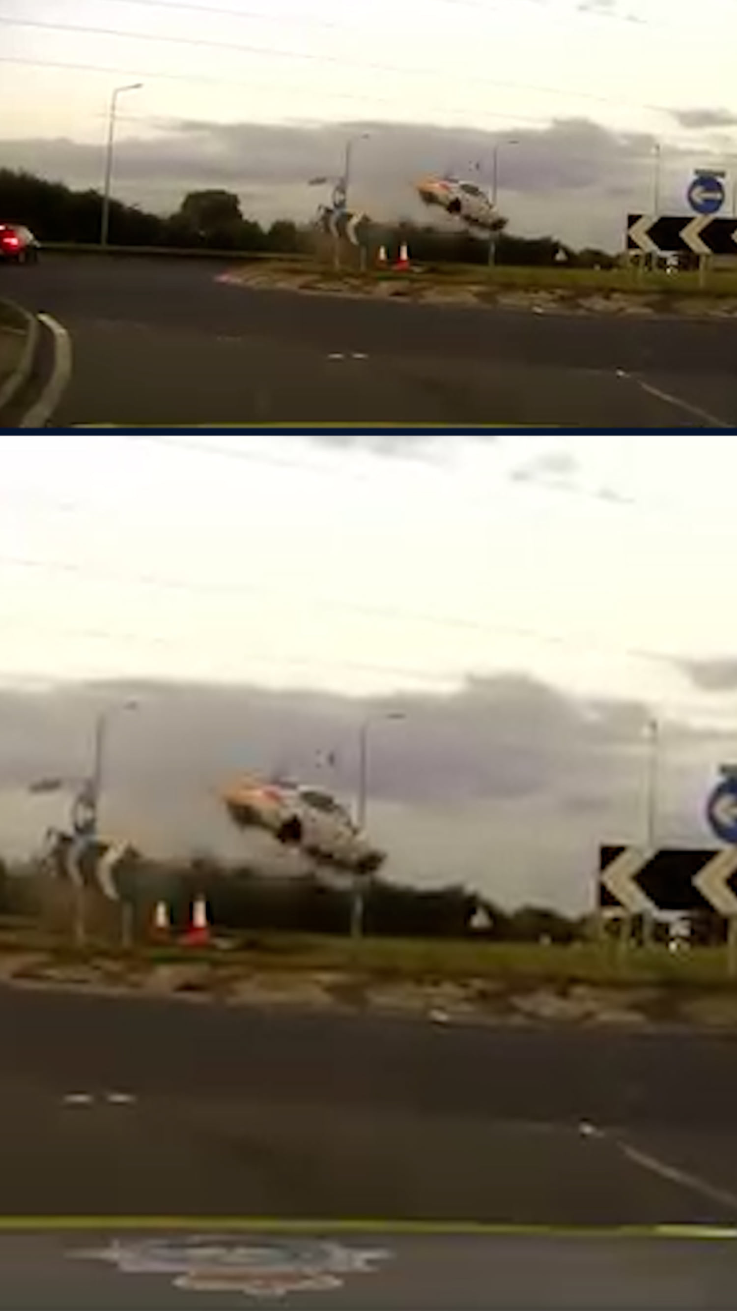 Video shows car going airborne after hitting roundabout