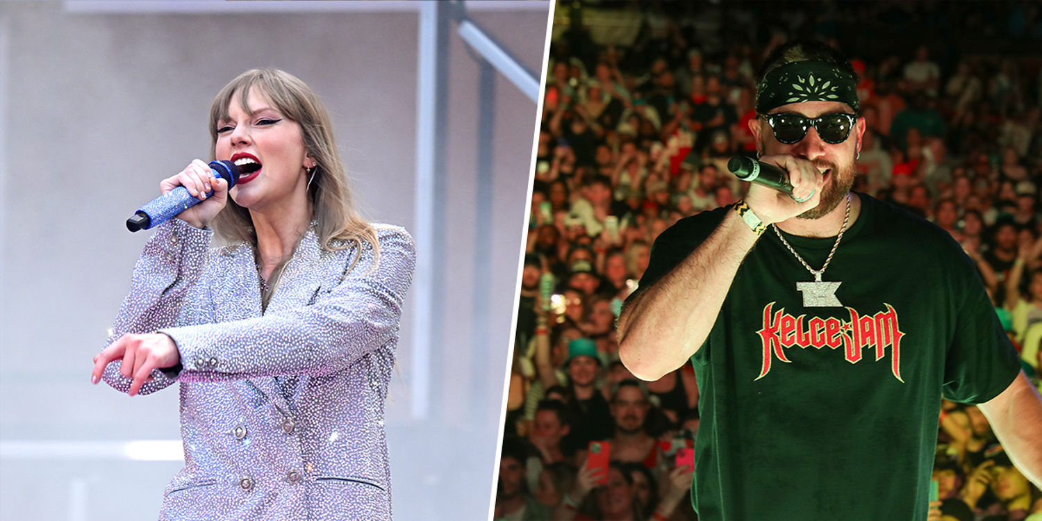 Travis Kelce joins Taylor Swift onstage to perform during the ‘Eras Tour’