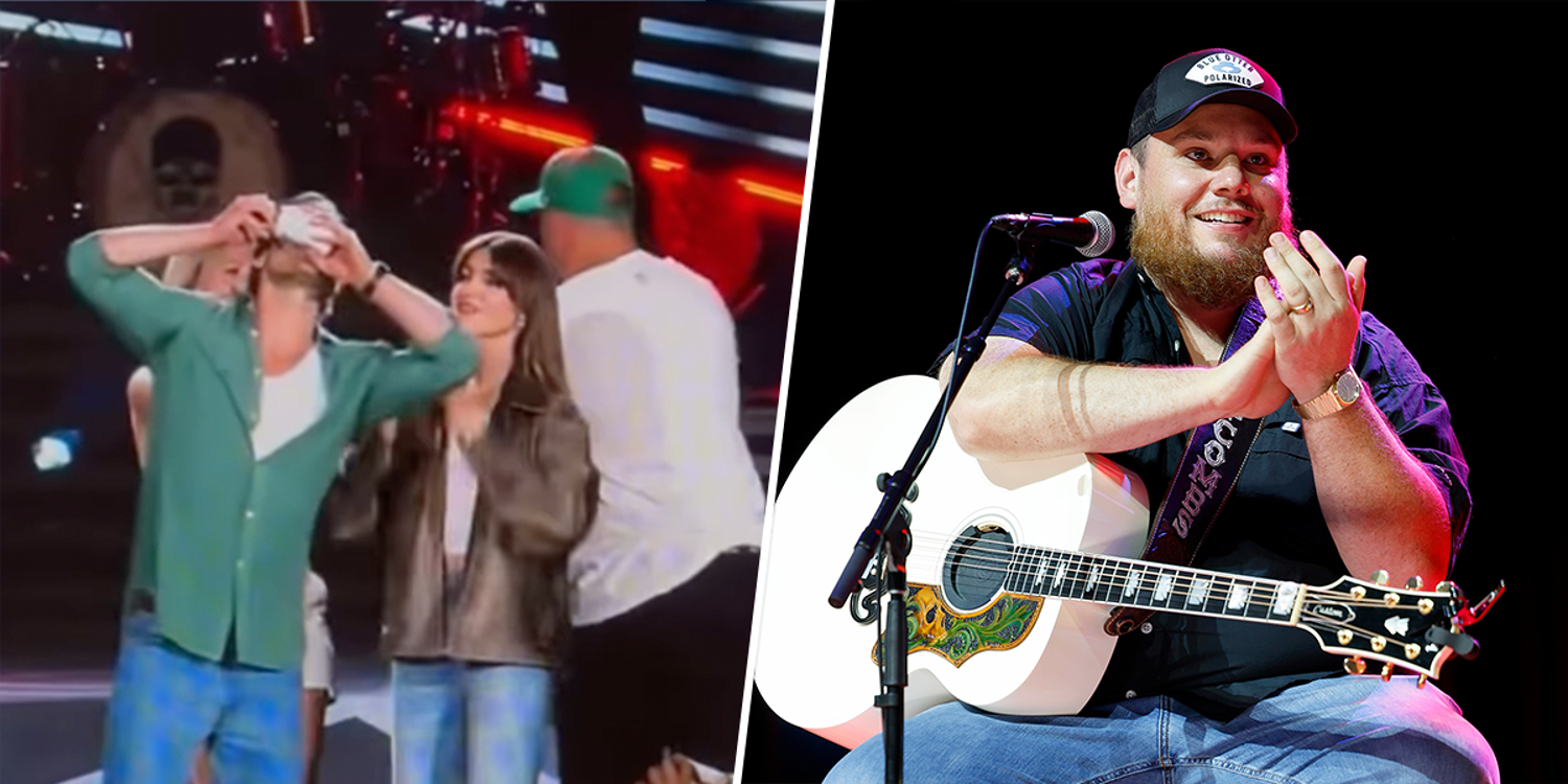 Glen Powell and Luke Combs show off their beer chugging skills at concert