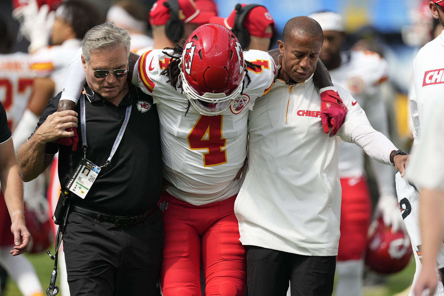 Chiefs WR Rashee Rice carted off field after hit to knee