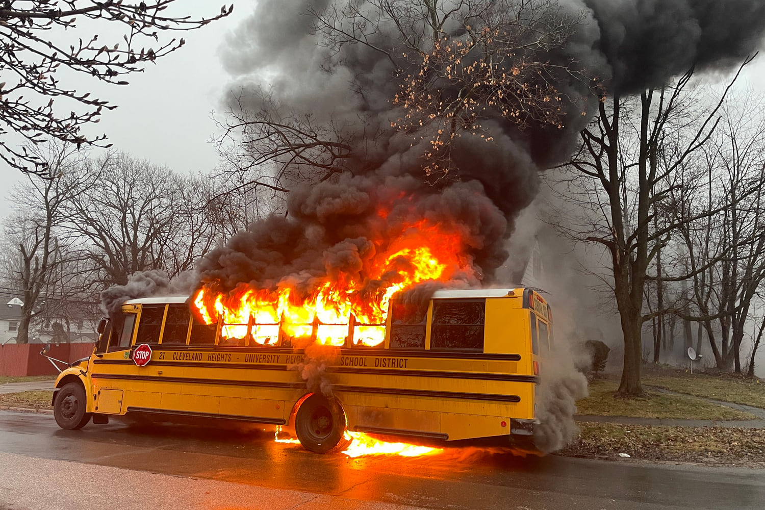 Cleveland school bus filled with students bursts into flames during morning route