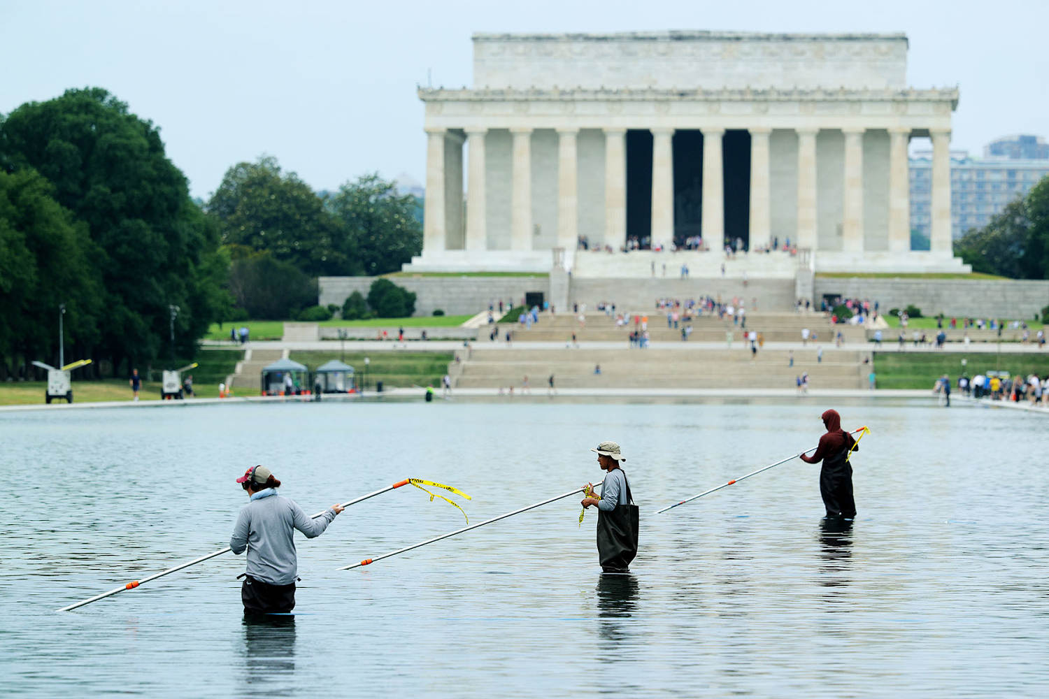 Blue paint seen chipping off Lincoln Memorial Reflecting Pool after algae turns it green