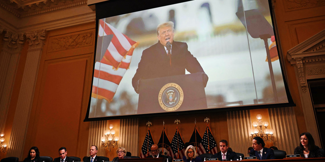 A photo of a projector showing Trump give his Jan. 6 speech