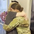 Surprised grandma throws her coffee after seeing granddaughter back from army duty