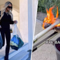On the left, Brittany Aldean appears to throw away her Balenciaga clothing in clear plastic bags. On the right, former Bachelor Arie Luyendyk burns his Balenciaga shoes.
