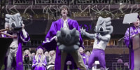 Students who covertly embody college mascots reveal identities at graduation