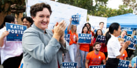 Image: Katie Porter speaks to supporters at the University of California, Irvine, at an early voting event on Oct. 30, 2019.