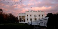 Image: A rainbow appears over the White House as birds fly nearby following a storm in Washington