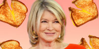 Illustration of Martha Stewart with grilled cheese sandwiches floating around her.