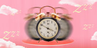 Illustration of blurry alarm clock on pink sky and clouds