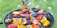 The Process Of Cooking Barbecue From Vegetables, Mushrooms And Chicken