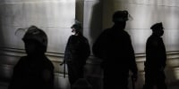Police officers block off the north entrance to Washington Square Park in New York after facing off with protesters on Nov. 4, 2020.