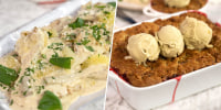 chicken scaloppine, strawberry-rhubarb cobbler