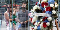 Retired Army Capt. Stephen Hunnewell stands with his family behind a wreath in memory of Marine Sgt. Johanny Rosario Pichardo following a ceremony at the Massachusetts Fallen Heroes Memorial on Aug. 28, 2021, in Boston.